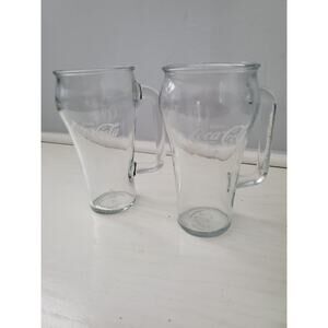 2 Vintage Coca Cola Clear Glass with Handle‎ Mug Enjoy Coke 16 Oz.